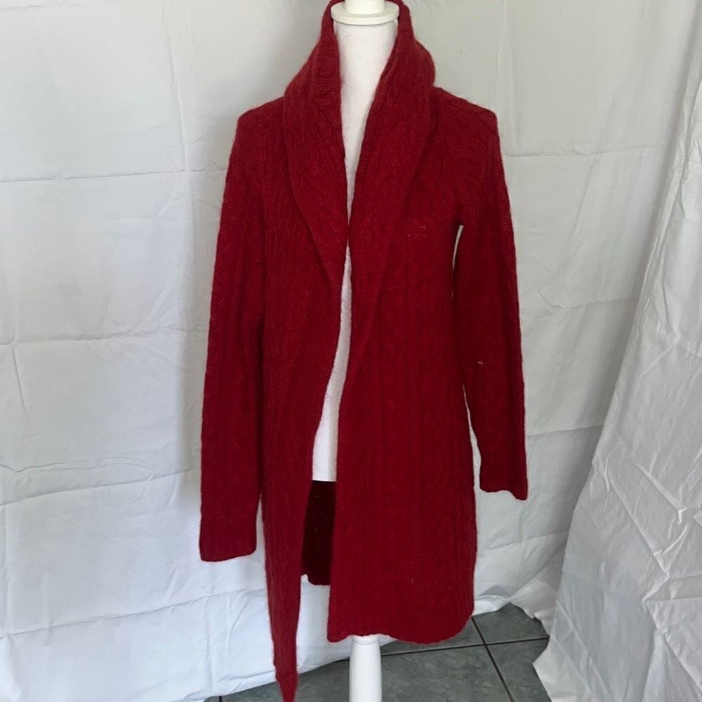 Ralph Lauren Red Cable Knit Shawl Collar Long Cardigan Wool Mohair Angora L